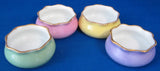 Four Open Salts English Victorian Colors Pink Green Yellow Lavender Pouches 1890s
