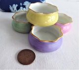 Four Open Salts English Victorian Colors Pink Green Yellow Lavender Pouches 1890s