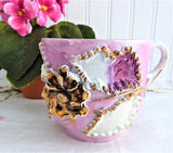 Fancy Pink Luster Victorian Souvenir Mug Raised Gold Flower 1890s Copper Luster