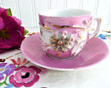 A Present Pink Luster Victorian Souvenir Cup And Saucer Raised Gold Flower 1890s Copper Luster