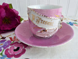 A Present Pink Luster Victorian Souvenir Cup And Saucer Raised Gold Flower 1890s Copper Luster