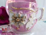 A Present Pink Luster Victorian Souvenir Cup And Saucer Raised Gold Flower 1890s Copper Luster
