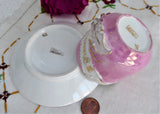 A Present Pink Luster Victorian Souvenir Cup And Saucer Raised Gold Flower 1890s Copper Luster