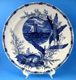 Aesthetic Movement Plate Flow Blue Ocean Scenes Blue Transferware 1890s Seashells 10.5