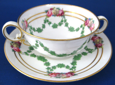 Copelands Spode Antique Bouillion Cup And Under Saucer 1890s Swags Roses