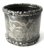 Edwardian Napkin Ring English Pewter Hand Engraved Floral Initial M or W