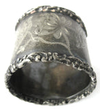 Edwardian Napkin Ring English Pewter Hand Engraved Floral Initial M or W