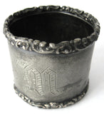 Edwardian Napkin Ring English Pewter Hand Engraved Floral Initial M or W