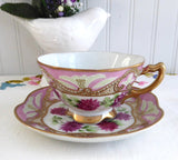 Gorgeous Nippon Japonisme Teacup Hand Painted Pink Gold Beading Moriage 1880s