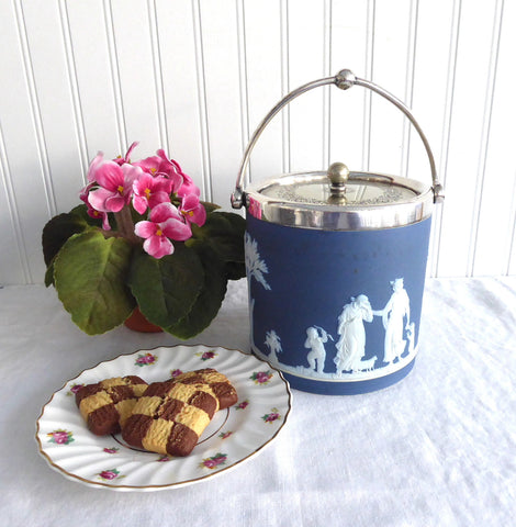 Wedgwood Blue Dip Biscuit Barrel Victorian Edwardian Classical Figures Cookie Jar