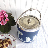Wedgwood Blue Dip Biscuit Barrel Victorian Edwardian Classical Figures Cookie Jar