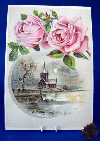 Church By Lake Roses Album Card Victorian Embossed Ephemera 1880s