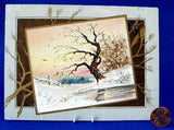 Victorian Gold Metallic Album Card Winter Tree Scene 1890s Romantic Vignette