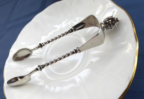 Crown Finial Edwardian Sugar Tongs Spoon Ends Continental 800 Silver Barley Twist