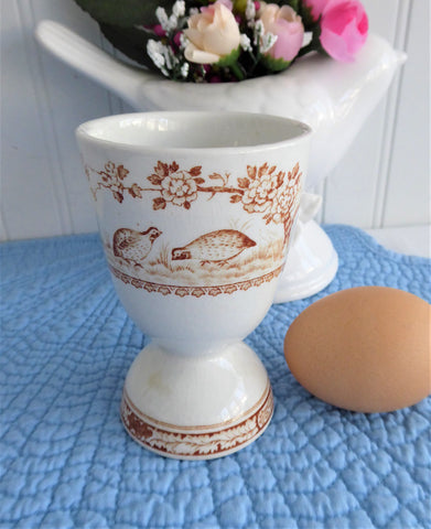 Furnivals Quail Eggcup Double Brown Transferware 1890s Birds Ironstone Egg Cup
