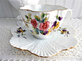 Antique Victorian Cup And Saucer Floral Bouquet 1880s Shell Shape Hand Colored