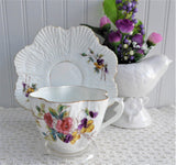 Antique Victorian Cup And Saucer Floral Bouquet 1880s Shell Shape Hand Colored