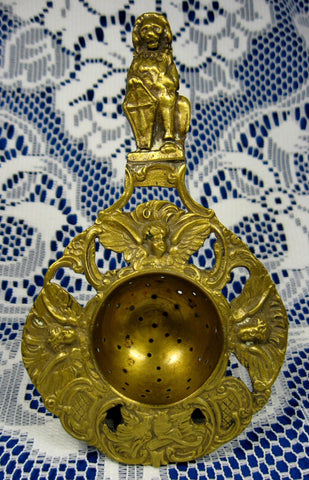 Edwardian Tea Strainer Ornate English Lion Handle Angels 1890-1910