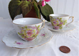 Pair 1890s German Pinks Roses Demitasse Cups And Saucers Porcelain Victorian Era