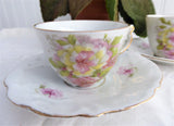 Pair 1890s German Pinks Roses Demitasse Cups And Saucers Porcelain Victorian Era