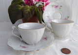 Pair 1890s German Pinks Roses Demitasse Cups And Saucers Porcelain Victorian Era