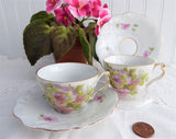 Pair 1890s German Pinks Roses Demitasse Cups And Saucers Porcelain Victorian Era