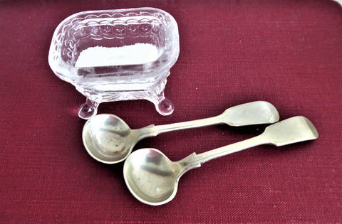 Antique Victorian Silver Master Salt Spoons Pair Fiddle London 1890s Silver Mustard