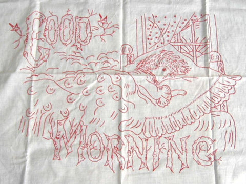 Embroidered Tablecloth Red Work Good Morning Edwardian Child In Bed 1890s