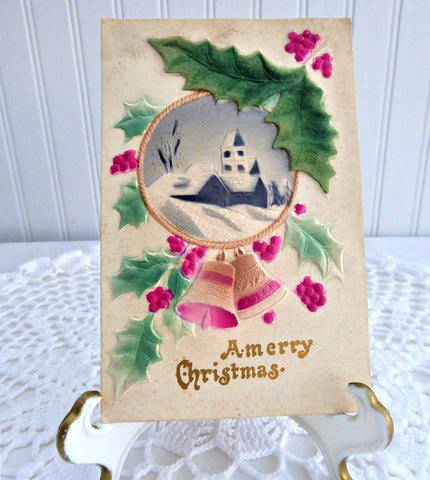 Merry Christmas 1900 Postcard Heavy Felted Snow Scene Holly Germany Used As Gift Card