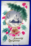 Merry Christmas 1900 Postcard Heavy Felted Snow Scene Holly Germany Used As Gift Card
