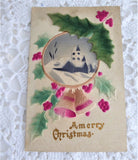 Merry Christmas 1900 Postcard Heavy Felted Snow Scene Holly Germany Used As Gift Card