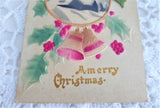 Merry Christmas 1900 Postcard Heavy Felted Snow Scene Holly Germany Used As Gift Card