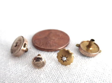 Edwardian 2 Shirt Studs Antique Gold Plated Detachable Backs 1900 Genuine Pearl