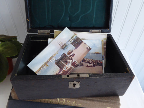 English Edwardian Tea Caddy Locking Black Leather Box 1900 Jewel Case