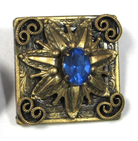 Edwardian Blue Rhinestone Brooch Pin Square Hand Made 1900-1910 Sweet Starburst