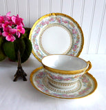 Gorgeous Haviland Limoges Teacup Trio 1900 Ornate Pink Blue Floral Gold Roses Ribbons