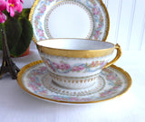 Gorgeous Haviland Limoges Teacup Trio 1900 Ornate Pink Blue Floral Gold Roses Ribbons