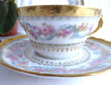 Gorgeous Haviland Limoges Teacup Trio 1900 Ornate Pink Blue Floral Gold Roses Ribbons