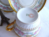 Gorgeous Haviland Limoges Teacup Trio 1900 Ornate Pink Blue Floral Gold Roses Ribbons