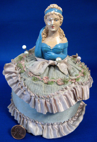 Edwardian Chalk Half Doll Pincushion Germany With Pins Silk Hand Painted 1900-1910