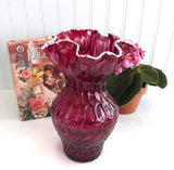Victorian Cranberry Glass Vase Art Glass White Frit Lip Crimped Honeycomb 1900-1910 Edwardian