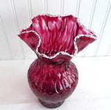 Victorian Cranberry Glass Vase Art Glass White Frit Lip Crimped Honeycomb 1900-1910 Edwardian