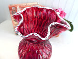Victorian Cranberry Glass Vase Art Glass White Frit Lip Crimped Honeycomb 1900-1910 Edwardian