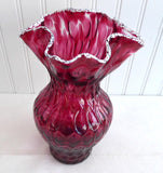 Victorian Cranberry Glass Vase Art Glass White Frit Lip Crimped Honeycomb 1900-1910 Edwardian