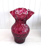 Victorian Cranberry Glass Vase Art Glass White Frit Lip Crimped Honeycomb 1900-1910 Edwardian