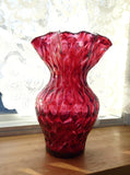 Victorian Cranberry Glass Vase Art Glass White Frit Lip Crimped Honeycomb 1900-1910 Edwardian