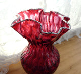 Victorian Cranberry Glass Vase Art Glass White Frit Lip Crimped Honeycomb 1900-1910 Edwardian