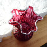 Victorian Cranberry Glass Vase Art Glass White Frit Lip Crimped Honeycomb 1900-1910 Edwardian