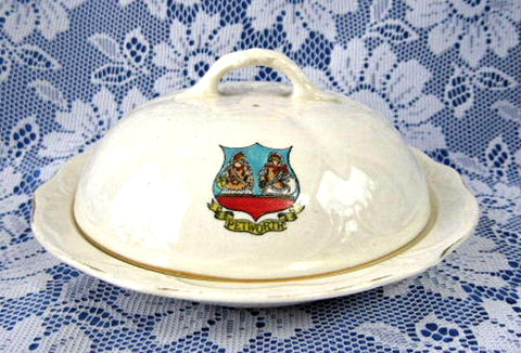 Covered Muffin Dish Butter Cheese 1904 Arcadian Petworth White Ironstone Souvenir