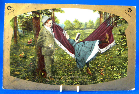 Romance Postcard 1908 Antique Romance Real Photo Girl Boy Hammock Metallic Gold